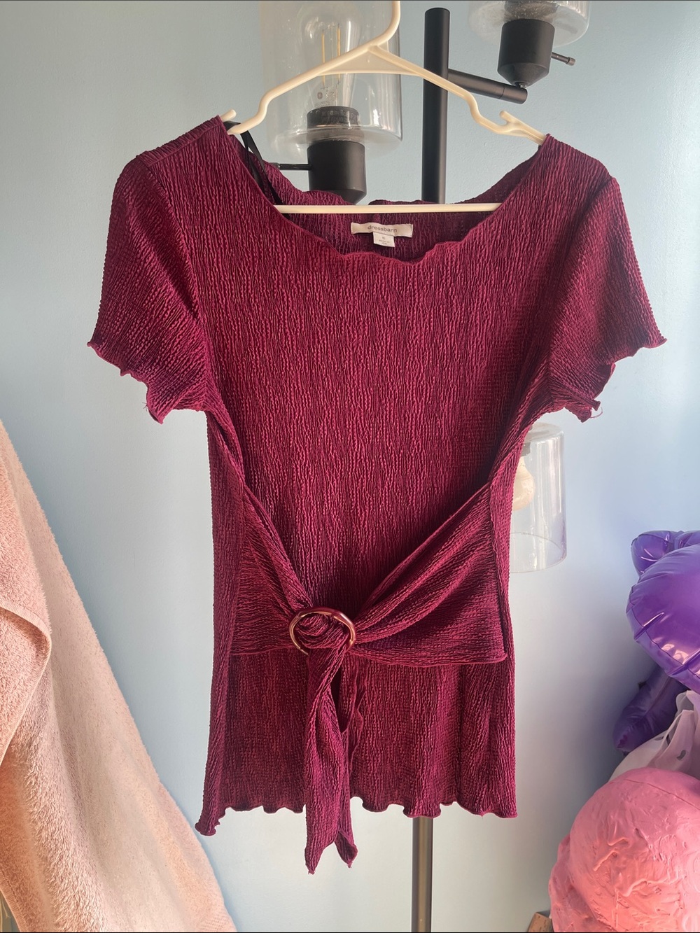 Dress Barn Burgundy Textured Tie-Front Short Sleeve Top